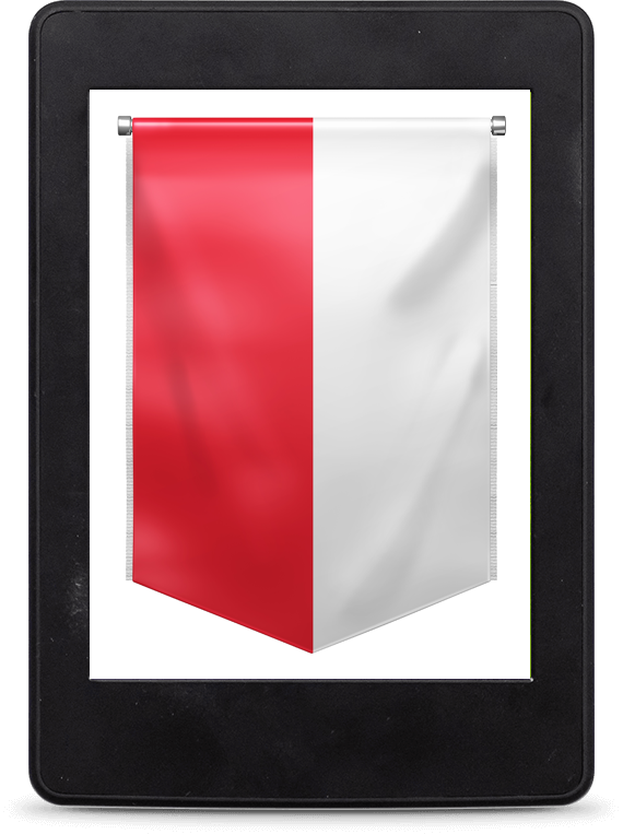 A digital device displaying a vertical red and white banner on its screen, with the banner divided evenly into two halves. The device has a black frame.
