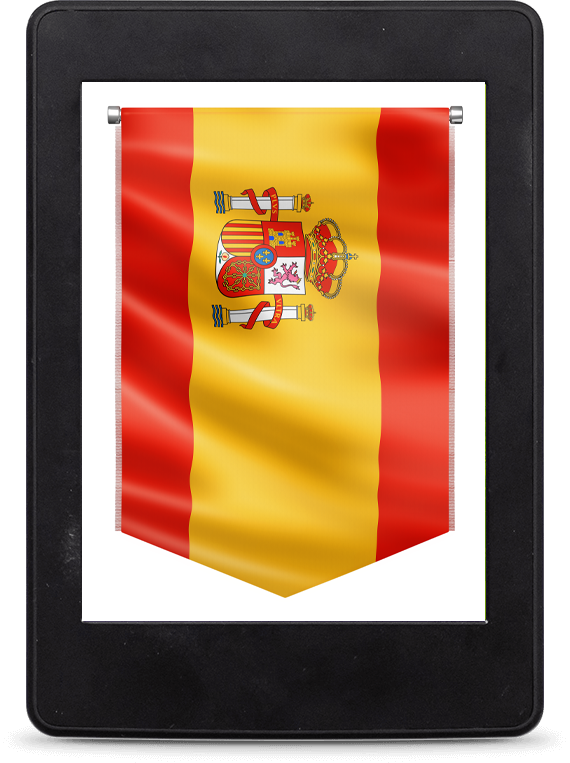 A tablet displaying a vertical banner of the Spanish flag. The flag features horizontal stripes of red and yellow with a detailed coat of arms in the center. The device has a black frame.