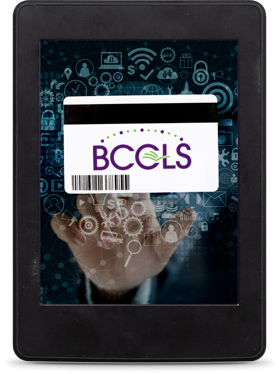 A person touches a digital interface with a BCCLS eCard displayed. The background features various technology icons and the text “BCCLS eCards are here!” above the card.