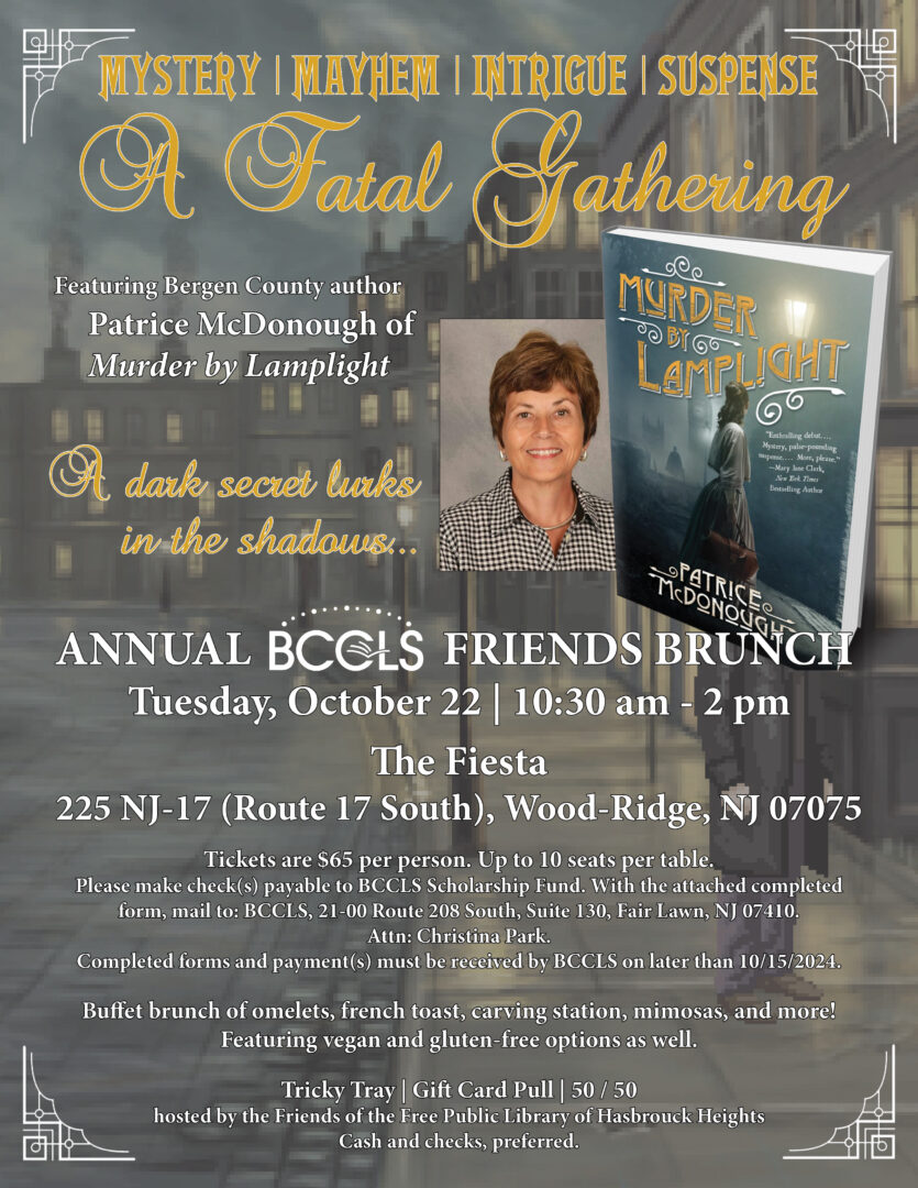 Promotional poster for "A Fatal Gathering" brunch event featuring Bergen County author Patrice McDonough. Event details: October 22, 10:30 am - 2 pm, at The Fiesta, Wood-Ridge, NJ. Includes brunch, cash bar, entertainment, and a 50/50 raffle.